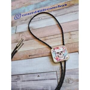 Unique bolo skull flower lover bolotie, unique western jewelry, bolo necktie